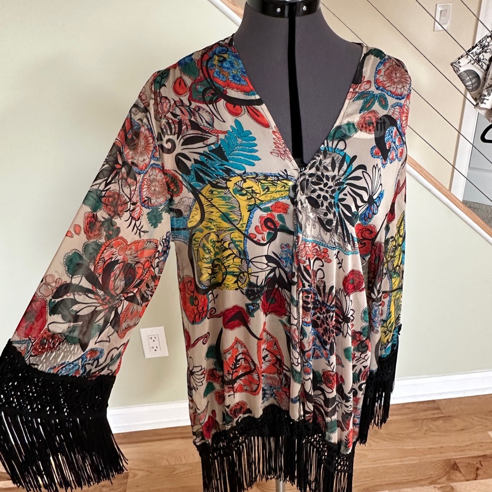 Sans Souci Multicolor Floral fringed Kimono- Anthropologie